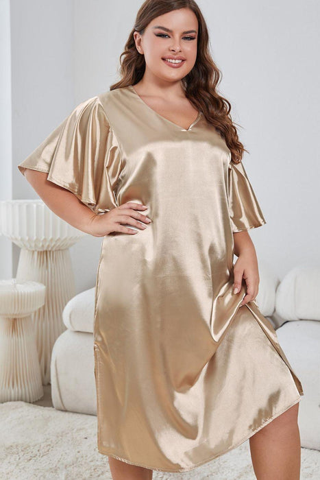 Plus Size Flutter Sleeve Nightgown with V-Neck and Side Slit