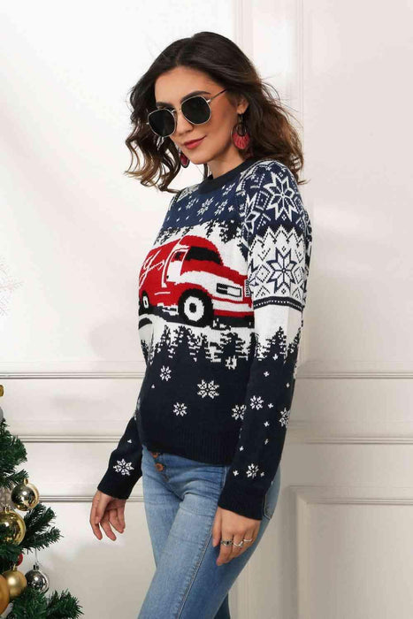 Cozy Christmas Raglan Sweater with Ribbed Round Neck