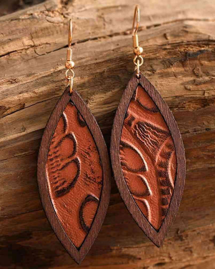 Rustic Western Wood and Leather Geometric Dangle Earrings