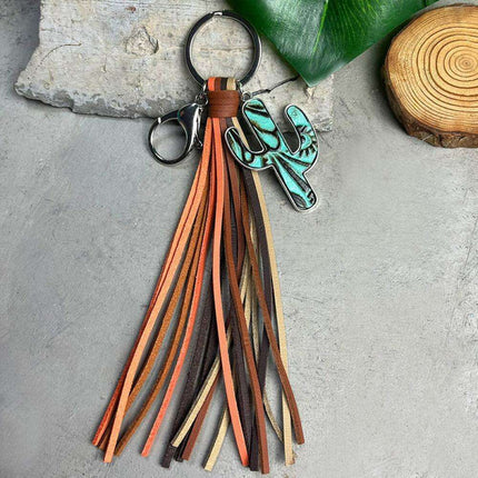 Whimsical Cactus Keychain with Leather Tassel - Trendy Keyring Fashion