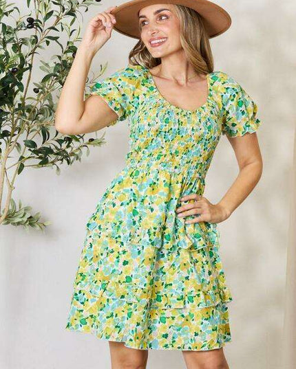 Charming Floral Smocked Mini Dress with Flouncy Sleeves