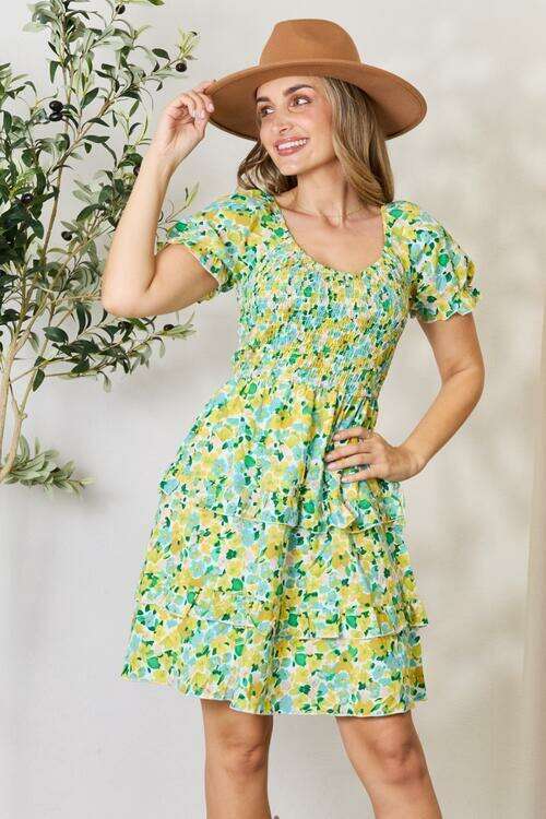 Charming Floral Smocked Mini Dress with Flouncy Sleeves