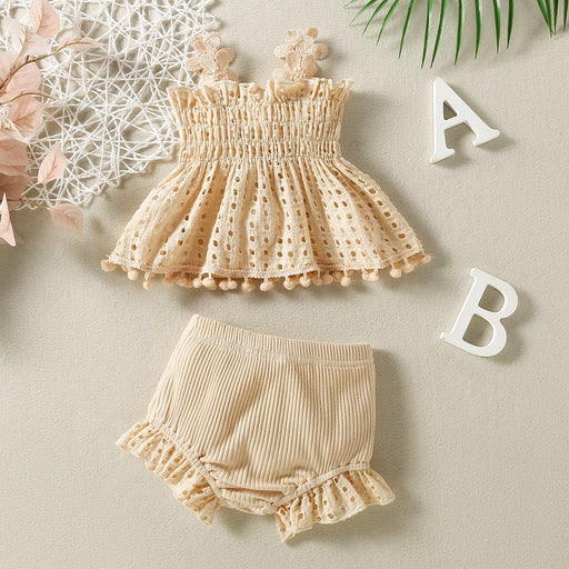Adorable Baby Girls' Apricot Lace Doll Shirt & Shorts Set | Stylish Cotton Mesh Ensemble