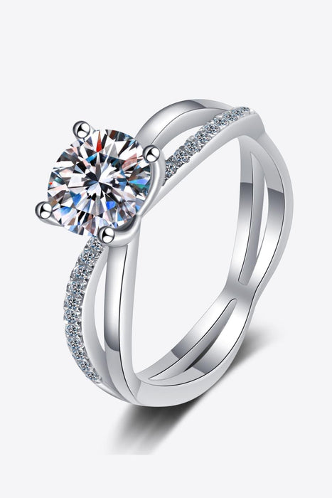 Elegant Rhodium-Plated Crisscross Ring with Moissanite and Zircon Accents