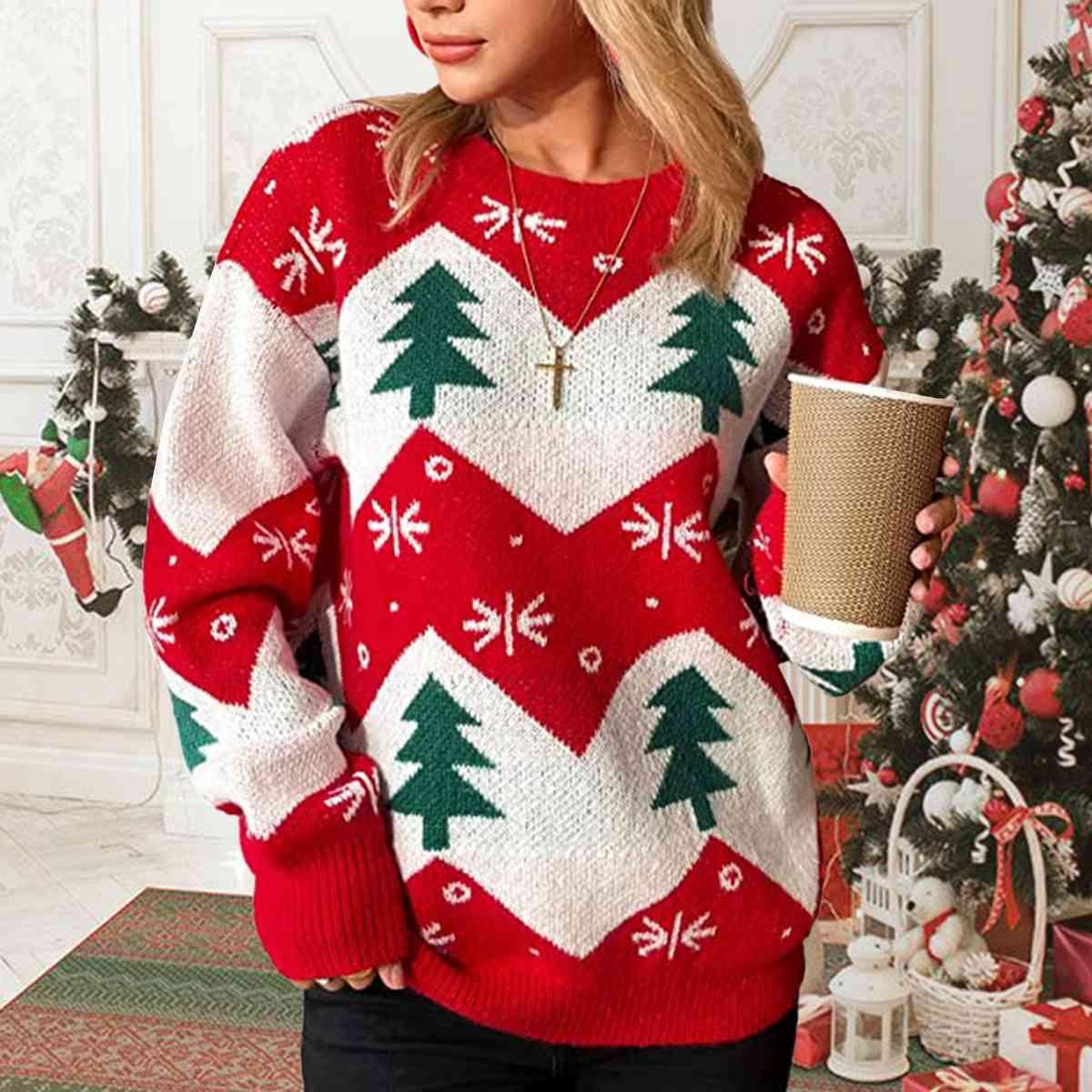 Christmas Tree Print Round Neck Sweater Trendsi