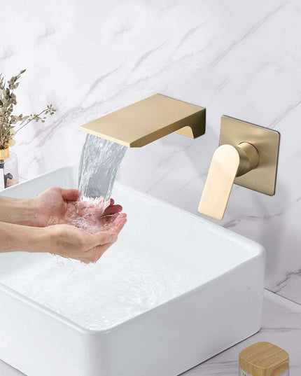 Golden Waterfall Bathroom Faucet with Wall Mount and Single Handle - Effortless Operation, Durable Finish, Sturdy & Space Saving