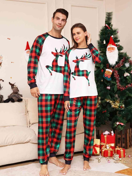 Cozy Reindeer Print Top with Matching Plaid Pants Set