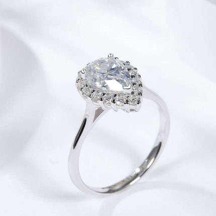 Teardrop Moissanite Sterling Silver Ring - Elegant 1.5 Carat Design with Platinum Finish