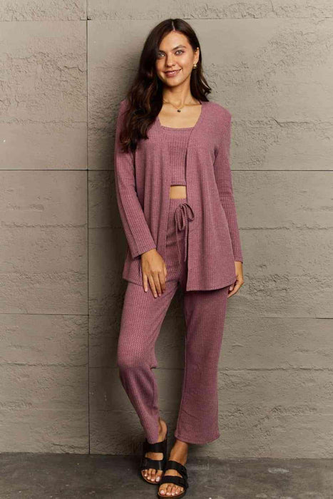 Cozy Three-Piece Lounge Set with Cropped Top, Pants, and Cardigan