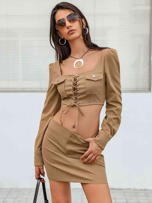 Stylish Lace-Up Crop Top and Matching Skirt Set