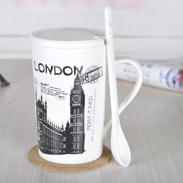 Elegant European Style Ceramic Coffee Mug Set with Spoon - 430ml