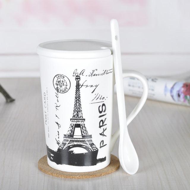 European Style Ceramic Coffee Cups Bundle with Stirrer - 430ml