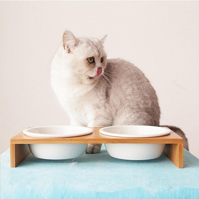 Bamboo Wood Cat Feeding Bowl Set