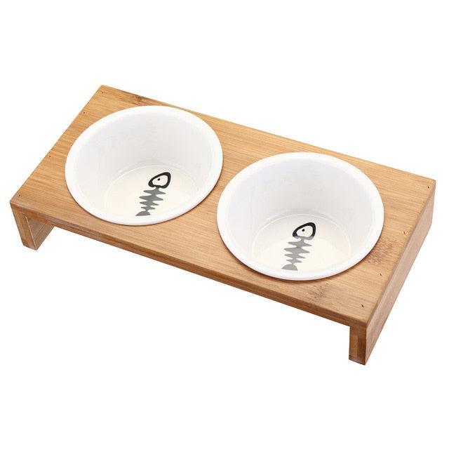 Bamboo Wood Cat Feeding Bowl Collection