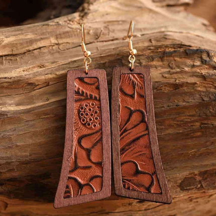 Rustic Western Wood and Leather Geometric Dangle Earrings
