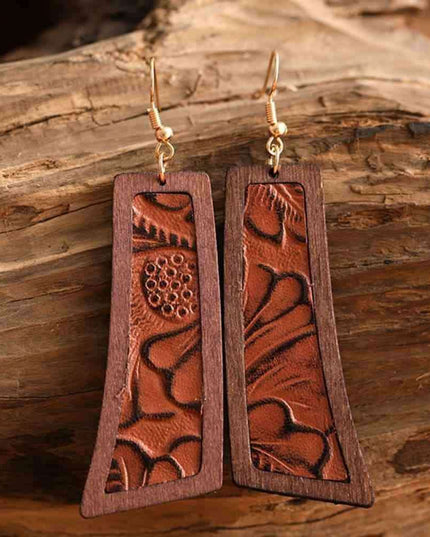 Rustic Western Wood and Leather Geometric Dangle Earrings