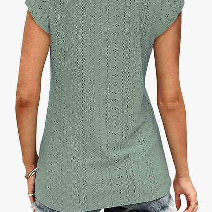 Elegant Eyelet Chevron V-Neck Tee with Stylish Openwork Design