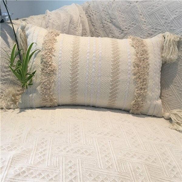 Charming Yellow and Gray Cotton Tassel Wave Embroidered Pillow Cover