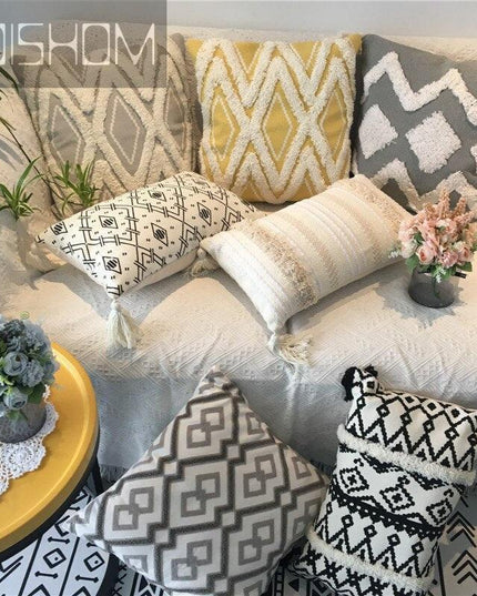 Charming Yellow and Gray Cotton Tassel Wave Embroidered Pillow Cover