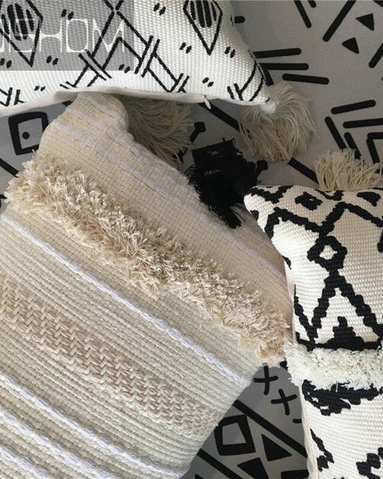 Charming Yellow and Gray Cotton Tassel Wave Embroidered Pillow Cover