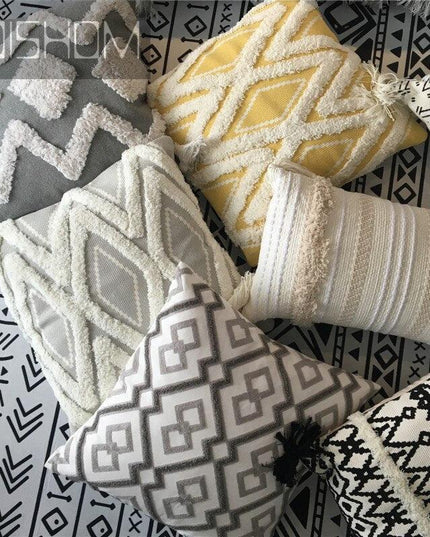 Charming Yellow and Gray Cotton Tassel Wave Embroidered Pillow Cover