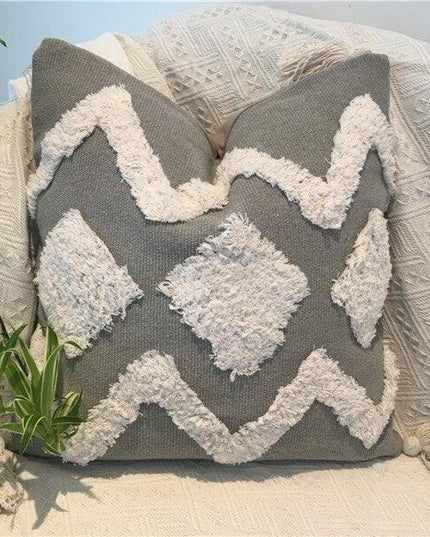 Charming Yellow and Gray Cotton Tassel Wave Embroidered Pillow Cover