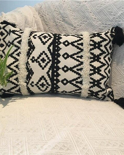 Charming Yellow and Gray Cotton Tassel Wave Embroidered Pillow Cover