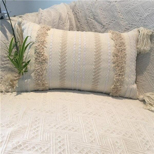 Yellow Grey Cotton Embroidered Tassel Wave Cushion Cover