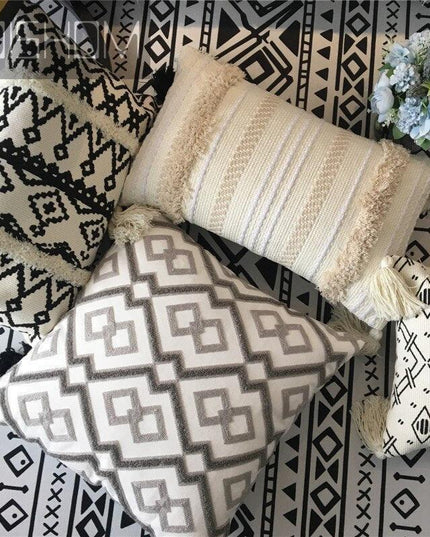 Charming Yellow and Gray Cotton Tassel Wave Embroidered Pillow Cover