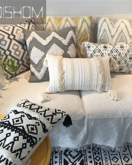Charming Yellow and Gray Cotton Tassel Wave Embroidered Pillow Cover
