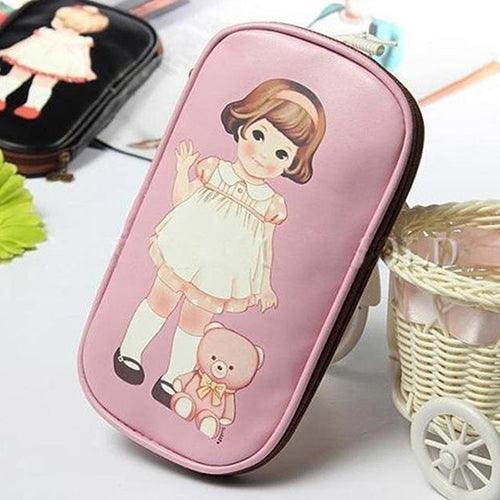 Adorable Cartoon Doll Girl Illustrated Storage Pouch and Organizer
