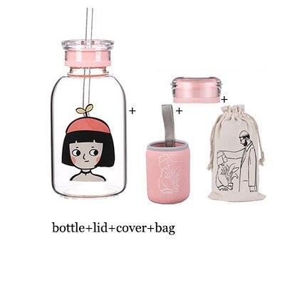 Adorable Cartoon Glass Water Bottle with Dual-Use Cap