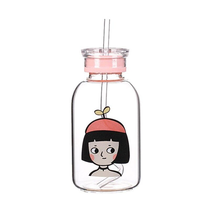 Whimsical Glass Water Bottle with Versatile Cap and Cute Design