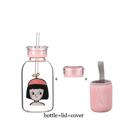 Whimsical Cartoon Glass Water Bottle with Dual-Function Cap