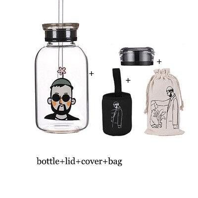 Whimsical Cartoon Glass Water Bottle with Dual-Function Cap
