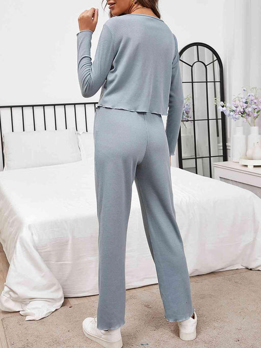 Button Front Long Sleeve Top and Pants Lounge Set Trendsi
