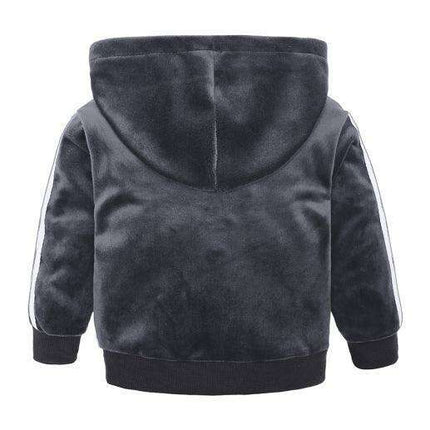 Trendy Gold Velvet Kids Hooded Pajama Set with Sporty Side Stripes