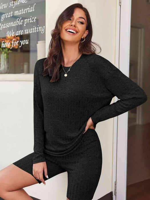 Ribbed Cozy Lounge Set with Long Sleeve Top and Shorts
