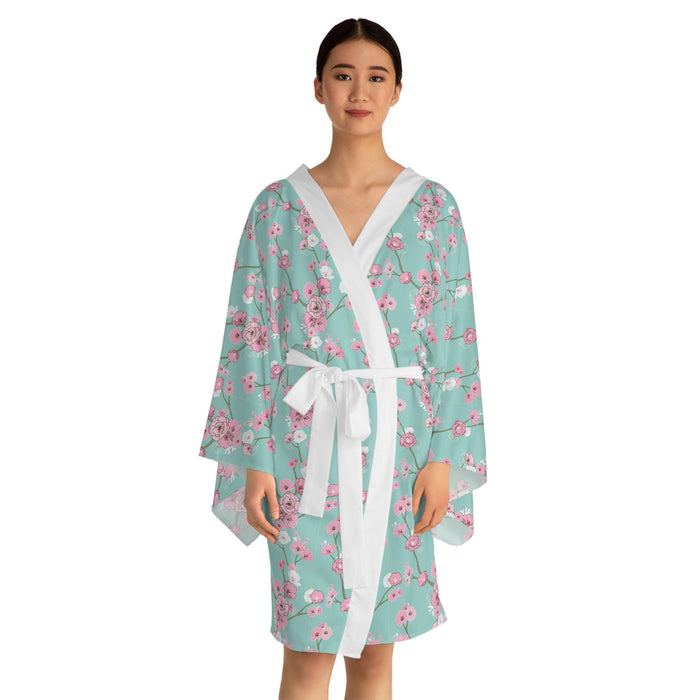 Cherry Blossom Patterned Bell Sleeve Kimono Robe with Belt