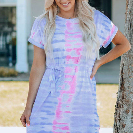 Colorful Bohemian Rainbow Tie-Dye Tunic Dress with Trendy Belt Details