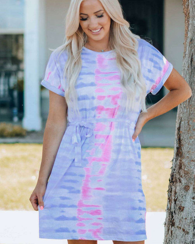 Colorful Bohemian Rainbow Tie-Dye Tunic Dress with Trendy Belt Details