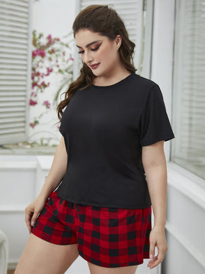 Plus Size Round Neck Tee Shirt and Plaid Shorts Lounge Set-Trendsi-Black/Red-1XL-Très Elite