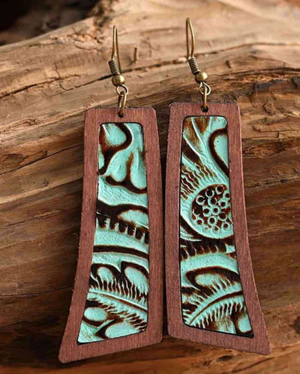 Rustic Western Wood and Leather Geometric Dangle Earrings