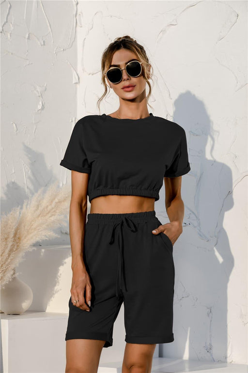 Comfortable Lounge Set with Short Sleeve Crop Top and Drawstring Shorts