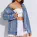 Distressed Denim Jacket with Collared Neck & Button-Up