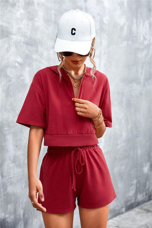 Half Zip Cropped Hooded T-Shirt and Shorts Set-Trendsi-Red-S-Très Elite
