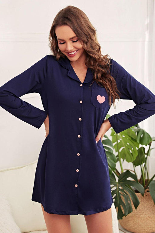 Heart Print Lapel Collar Night Shirt Dress with Convenient Pockets