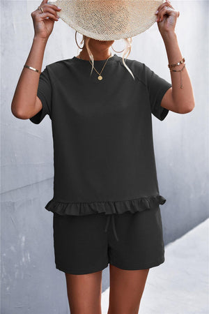 Raglan Sleeve Ruffle Hem Top and Shorts Set with Pockets-Trendsi-Khaki-S-Très Elite