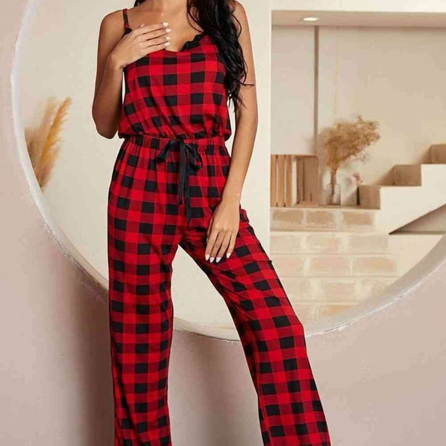 Elegant Spaghetti Strap Plaid Jumpsuit with Lace Detailing