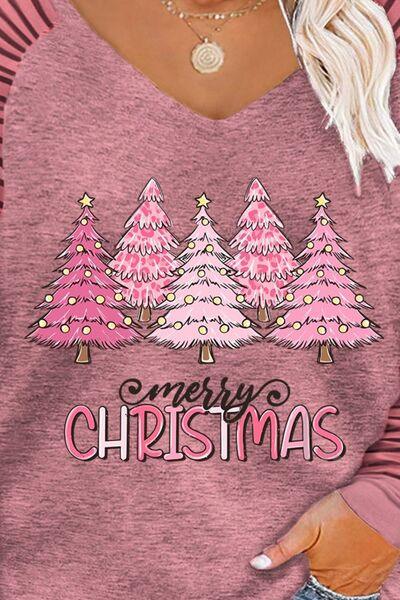 MERRY CHRISTMAS Plus Size Striped Long Sleeve Tee